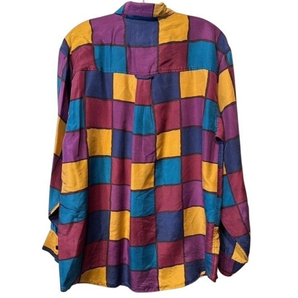 On The Brink Silk Button Down Shirt Multicolor Color Block Funky Vintage 90s Med - Picture 2 of 7